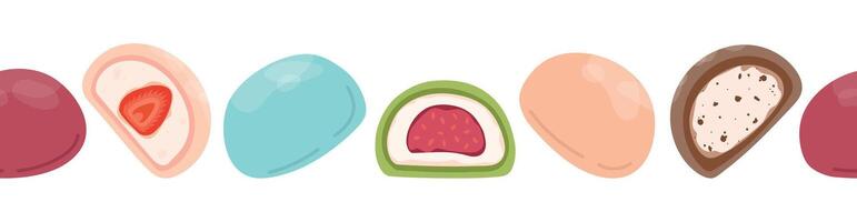 japonés mochi sin costura borde. de colores mochi con diferente empastes en un fila. asiático dulce alimento. japonés mochi en arroz masa. plano ilustración vector