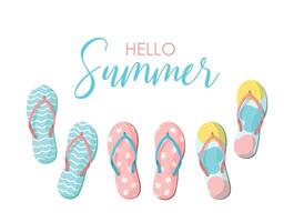 Hola verano tarjeta. vistoso verano dar la vuelta fracasos en blanco antecedentes. zapatillas verano antecedentes. verano diseño elemento para póster, bandera, insignia, etiqueta, imprimir, tarjeta, viajar. vector