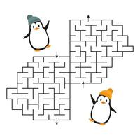 game a labyrinth for two with cute penguins for teaching children. Who can find the way out of the maze faster for the penguin. vector