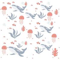 Cute underwater animal pattern. Cute Whale, jellyfish and fish. Underwater background. Pattern for Kids vector