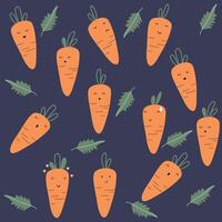 Cute hand drawn carrots and leaves pattern with face for kids. Cute fruit face expression Character. Vegetables background vector