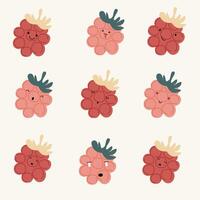 A set of cute hand drawn raspberry with face expression character pattern. Cute fruit face expression Character. Pastel background vector