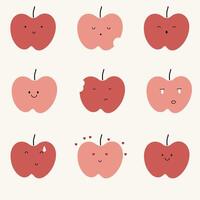 un conjunto de linda mano dibujado manzana con cara expresión personaje modelo. linda Fruta cara expresión personaje. pastel antecedentes vector