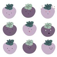 A set of cute hand drawn mangosteen with face expression character pattern. Cute fruit face expression Character. Pastel background vector