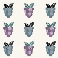 A set of cute hand drawn grape with face expression character pattern. Cute fruit face expression Character. Pastel background vector