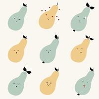 A set of cute hand drawn Pear with face expression character pattern. Cute fruit face expression Character. Pastel background vector