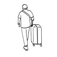 back view of man with suitcase for travel illustration hand drawn isolated on white background vector