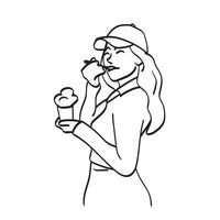 joven mujer comiendo hielo crema ilustración mano dibujado aislado en blanco antecedentes vector