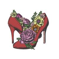 Hand drawn women's heeled shoes with flowers. Vintage illustration Color engraving template for cards, stickers, label, posters. Design element for flower shop, florist course, flower delivery vector