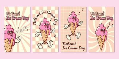 National Ice Cream Day in Retro Style Set stories. illustration with groovy mascot vector