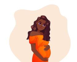 linda embarazada niña ilustración. hermosa negro mujer abrazos su barriga. dibujos animados maternidad concepto personaje diseño vector