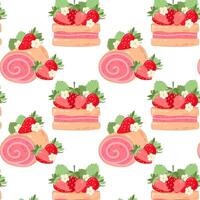 Pattern with two different strawberry cakes. Strawberry dessert with cream in flat style. Pattern for textile, wrapping paper, background. vector