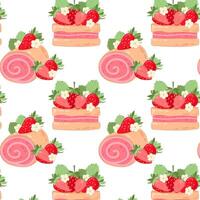 Pattern with two different strawberry cakes. Strawberry dessert with cream in flat style. Pattern for textile, wrapping paper, background. vector