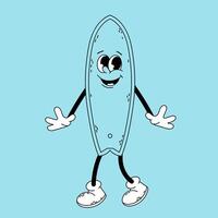 Groovy surfboard character. Funny cartoon retro character surfboard in doodle style. Surfing. vector