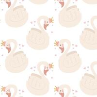 Pattern of a swan in a crown. Swan princess in flat style. Pattern for textile, wrapping paper, background. vector