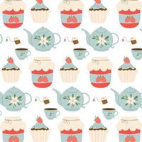 Tea party. Breakfast. Pattern with teapot, cupcake and jam in flat style. Pattern for textile, wrapping paper, background. vector