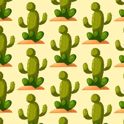 Pattern with cartoon cactus. Green cactus, thorny plant. Desert plant. Pattern for textile, wrapping paper, background.