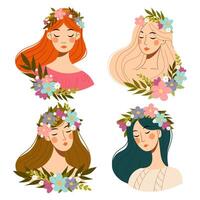 Set of portraits of girls with flowers. Beautiful girls with botanical elements in flat style. vector