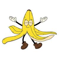 Trash. Waste. Banana in flat style. Funny banana character. Cartoon retro character in flat style. Dancing groovy character. Yellow banana skin. vector