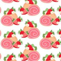 Pattern with creamy strawberry roll. Strawberry roll with cream in flat style. Pattern for textile, wrapping paper, background. vector