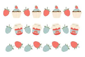 Frame with raspberries, jam and cupcake in flat style. Set decorative frame, border. Food. vector