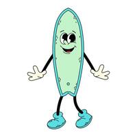 Groovy surfboard character. Funny cartoon retro character surfboard in flat style. Doodle illustration. Surfing. vector