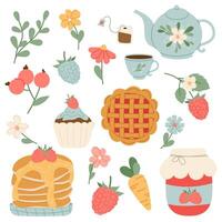 Pancakes, teapot, botanical elements, baked goods in flat style. Decorative elements for breakfast. Set of illustrations in flat style. vector