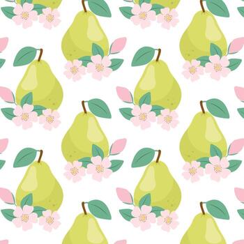 Green pear with flowers in flat style. Pattern with ripe pear. Pattern for textile, wrapping paper, background. vector
