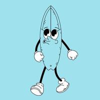 Groovy surfboard character. Funny cartoon retro character in doodle style. Doodle illustration. Surfing. vector