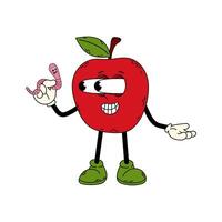 Ripe red apple with a worm. Funny cartoon retro character in flat style. Groovy character. vector