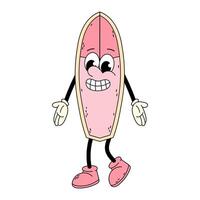 Surfing. Groovy surfboard character. Funny cartoon retro character in flat style. Doodle illustration. Pink surfboard. vector