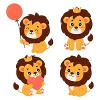 conjunto de ilustraciones de un linda león. león con un pelota, en un corona, con un corazón en un plano estilo. niños impresión. vector