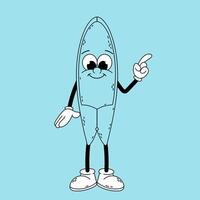 Groovy character. Funny cartoon retro character in doodle style. Doodle illustration surfboard character pointing a finger at something. vector