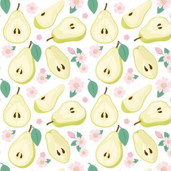 Green pear slices in flat style. Halves of pear with flowers. Pattern with ripe pear. Pattern for textile, wrapping paper, background. vector