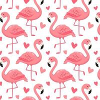 Pattern with pink flamingos and hearts. Pink flamingo in flat style. Pattern for textile, wrapping paper, background. vector