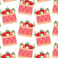 Dessert with ripe strawberries in flat style. Pattern with a piece of strawberry cake. Pattern for textile, wrapping paper, background. vector