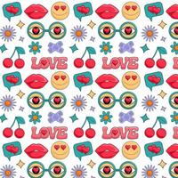 Pattern in groovy style on a white background. Retro pattern with love signs. vector