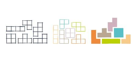 Designer Tetris icon 3 types. Sketch, line and flat Tetris. Game for children, elements for design, vector