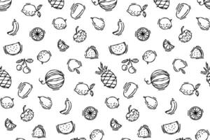 Doodle line summer seamless pattern with tropical fruits. Pattern for patter and textile design. summer graphics, fresh fruits, vegan pattern. Exotic food doodle pattern. vector