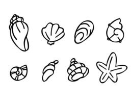 Set of seashells in doodle style, black outline sketch isolated elements on white background for design template. Ocean flora. Coloring. Clip art vector