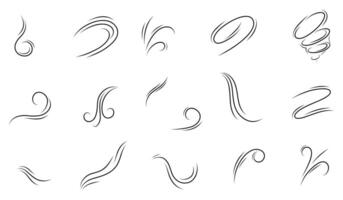 Set of wind blow set in doodle style, illustration on white background. A wave of cold air during windy weather. Rush symbol outline for print and design. graphics, air dynamics vector