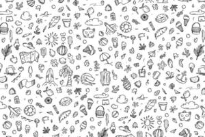 Hand drawn seamless pattern of summer vacation travel elements in doodle style, luggage, map, suitcase, starfish. Doodle sketch style on a white background vector