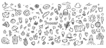 Set of doodle hand drawn summer, beach party, vacation and travel doodle elements. Summer doodle elements. Summer and rest, graphics of summer rest, travel vector