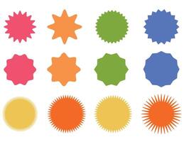 Set of stars, sunburst icons. Colored on white. Simple vintage flat style labels, stickers. Design elements. Collection of different types of icons. vector