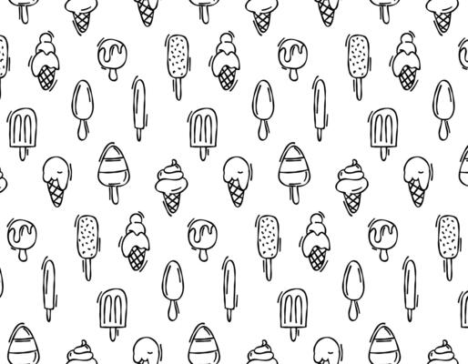 Hand drawn seamless pattern of ice cream on a white background. Design elements in sketch style. Summer pattern. Ideal for menus, flyers, posters, prints, packaging.