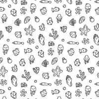 Seashell pattern in doodle style, black outline sketch of isolated elements on white background for design template. Ocean flora vector