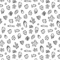 Seashell pattern in doodle style, black outline sketch of isolated elements on white background for design template. Ocean flora vector