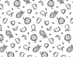 Seamless pattern of exotic fruits on a white background. Doodle fruits set. For paper, textiles, gift packaging, interior decoration, menus. Cartoon design vector