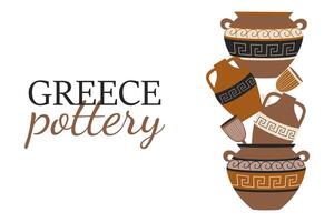 Greek pottery on top of each other. Ceramic pots, jugs and glasses with patterns. Insert text. Crockery in a column. Postcard on a white background. illustration vector