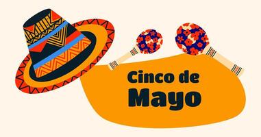 cinco Delaware mayonesa festivo bandera con sombrero y maracas fiesta en México. vistoso diseño póster. vector